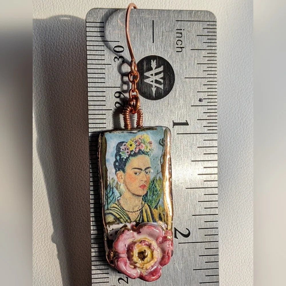 Unique Frida Khalo Earrings Artisan Crafted Lightweight Ceramic Charms - Picture 4 of 16